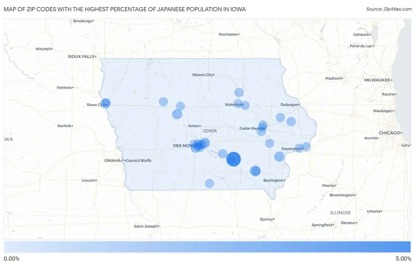 Zip Codes with the Highest Percentage of Japanese Population in Iowa Map