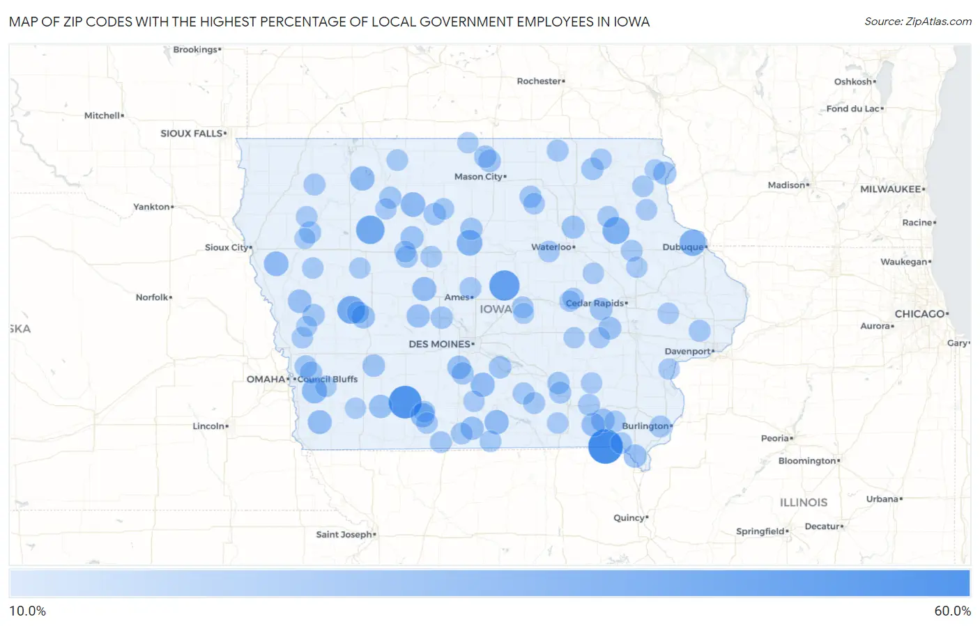 Zip Codes with the Highest Percentage of Local Government Employees in Iowa Map