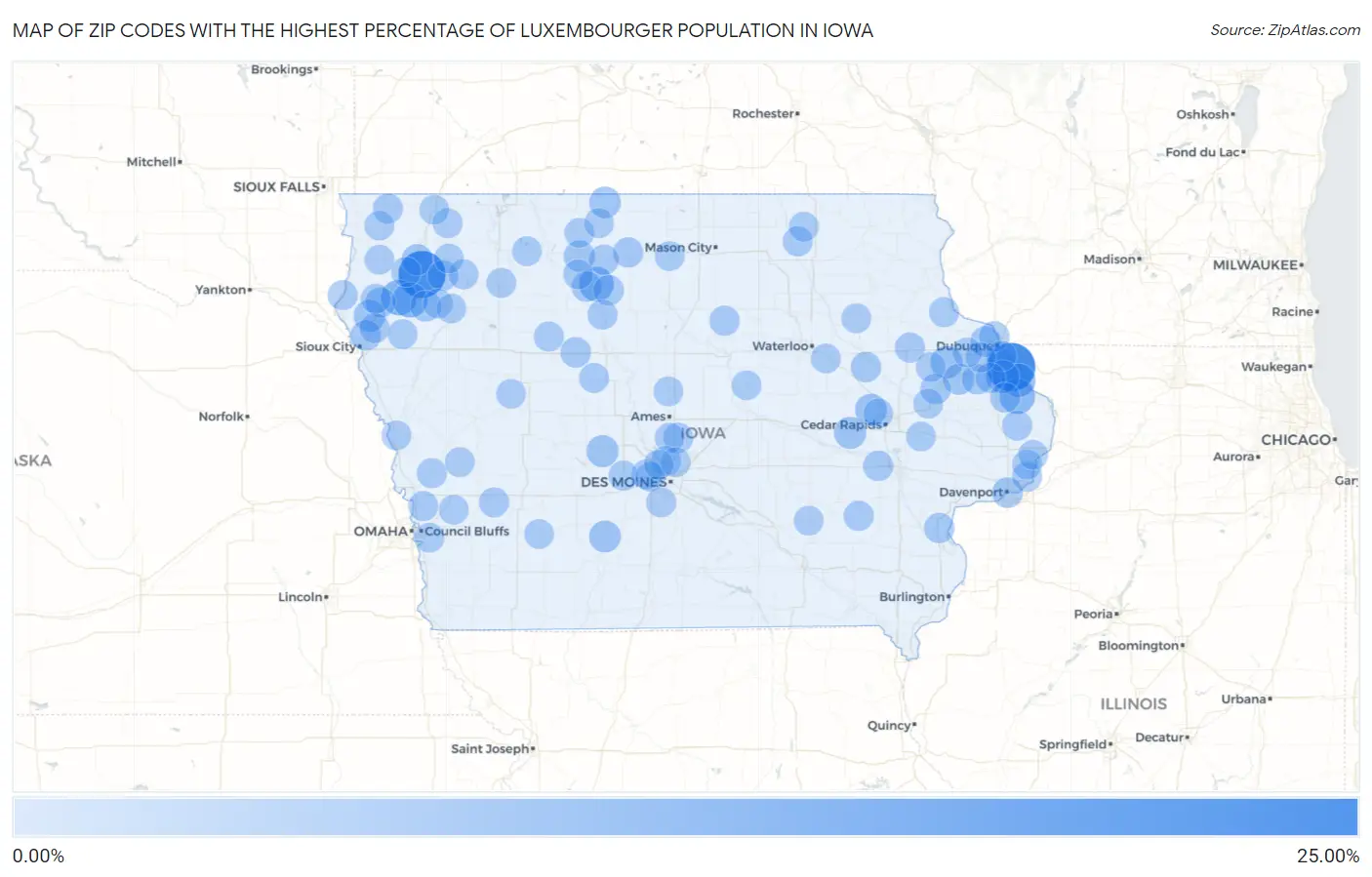 Zip Codes with the Highest Percentage of Luxembourger Population in Iowa Map