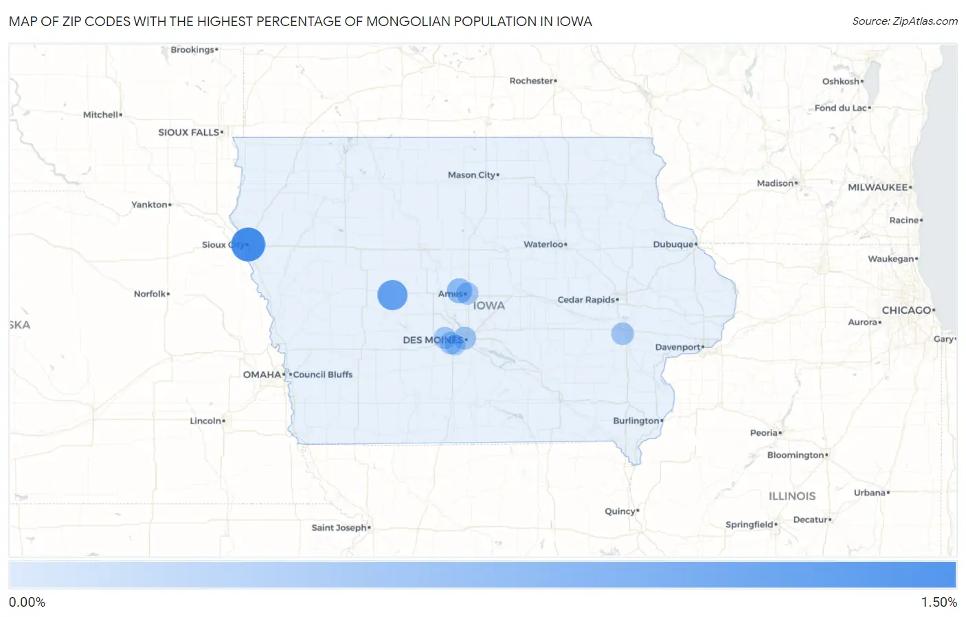 Zip Codes with the Highest Percentage of Mongolian Population in Iowa Map