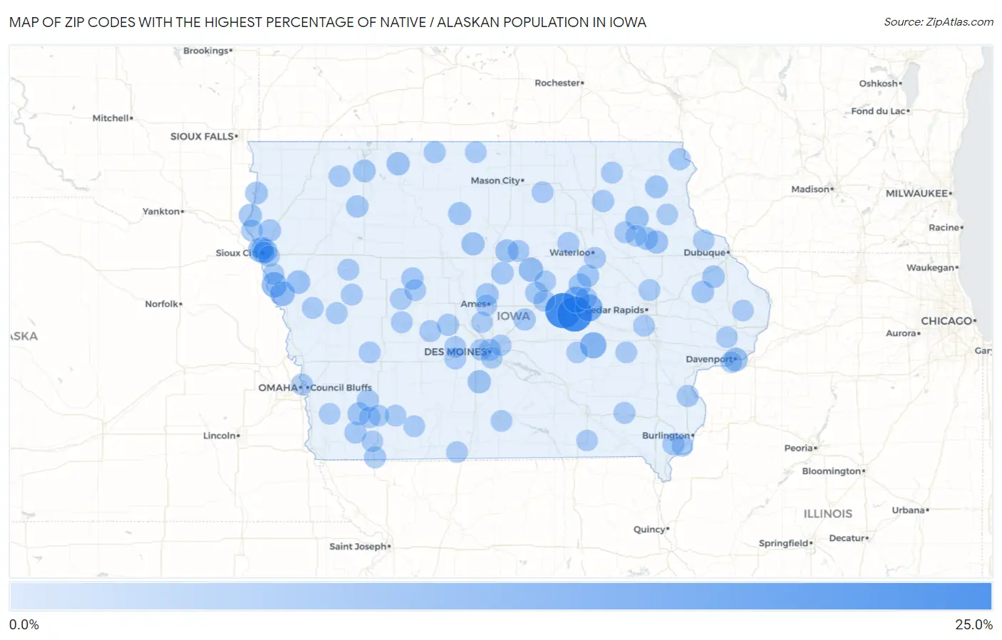 Zip Codes with the Highest Percentage of Native / Alaskan Population in Iowa Map