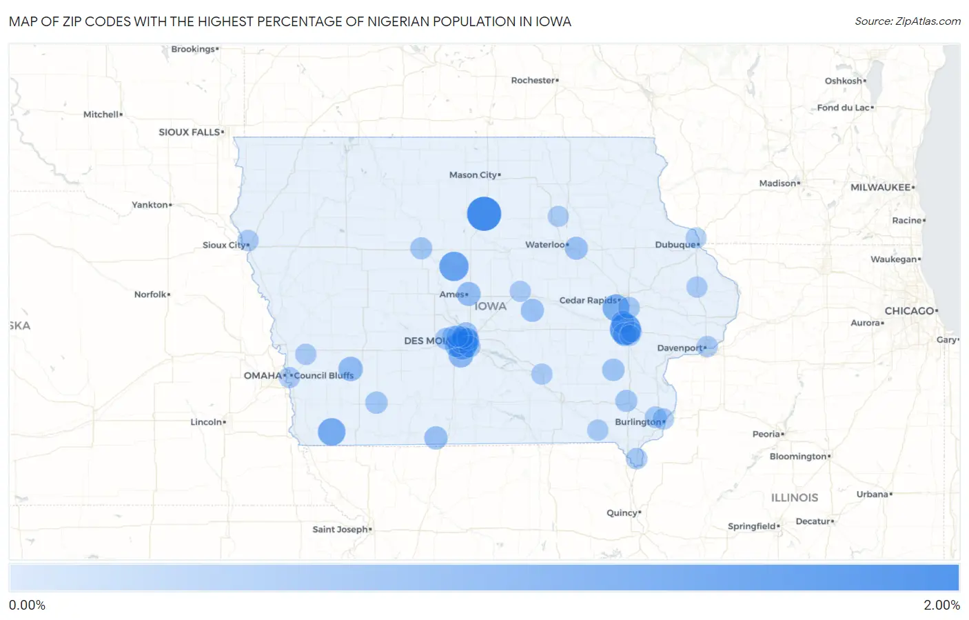 Zip Codes with the Highest Percentage of Nigerian Population in Iowa Map