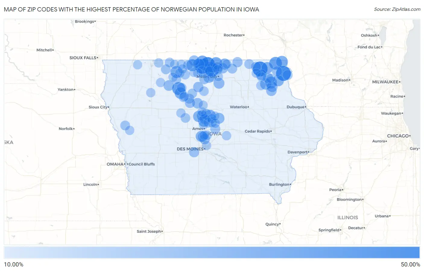 Zip Codes with the Highest Percentage of Norwegian Population in Iowa Map