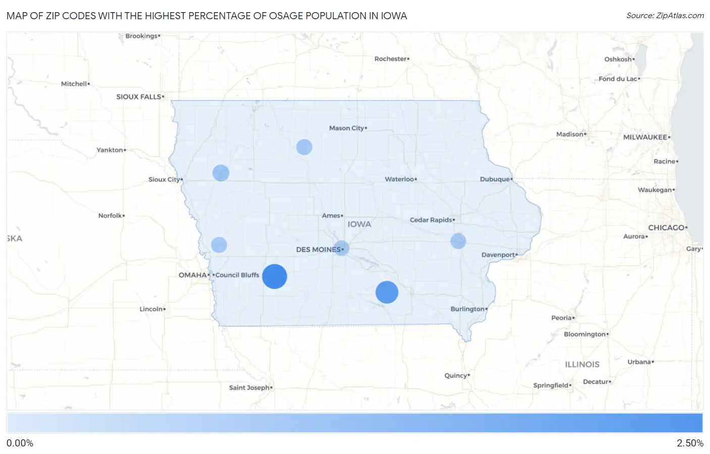 Zip Codes with the Highest Percentage of Osage Population in Iowa Map