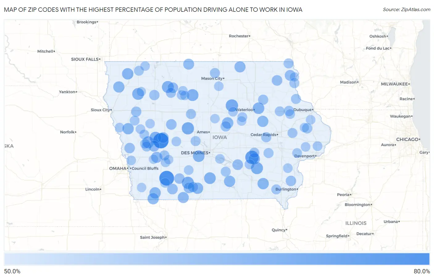 Zip Codes with the Highest Percentage of Population Driving Alone to Work in Iowa Map