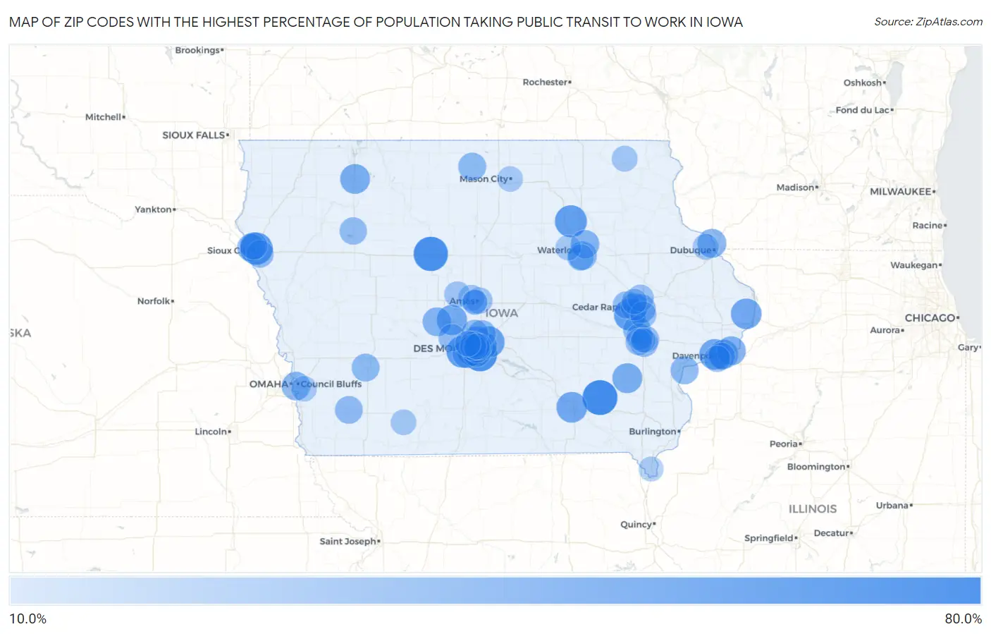 Zip Codes with the Highest Percentage of Population Taking Public Transit to Work in Iowa Map