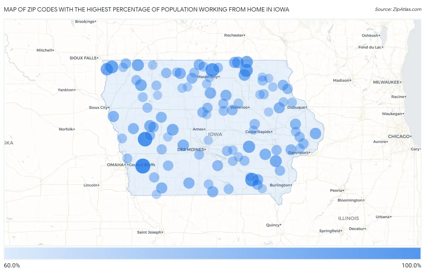 Zip Codes with the Highest Percentage of Population Working from Home in Iowa Map