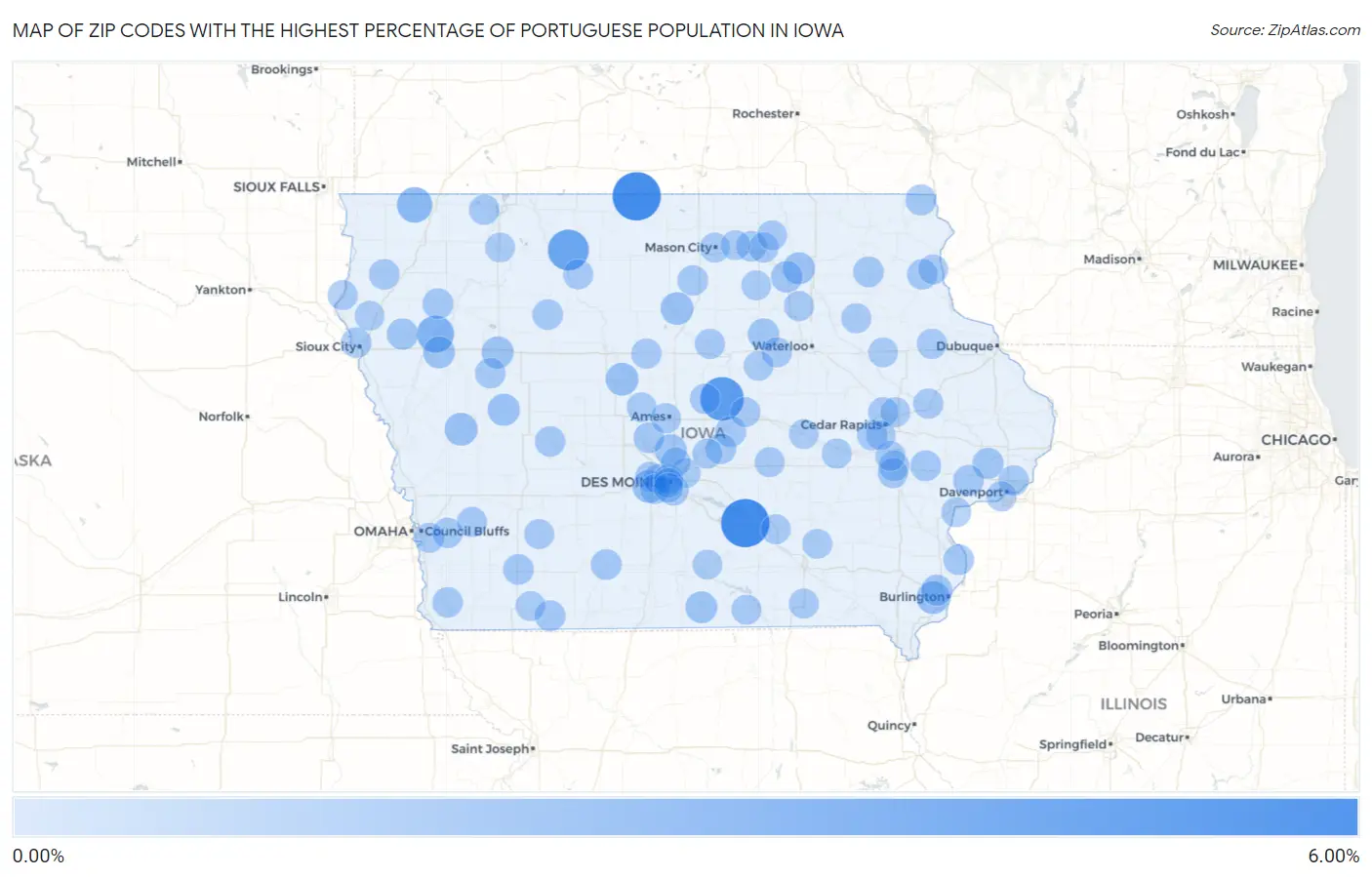 Zip Codes with the Highest Percentage of Portuguese Population in Iowa Map