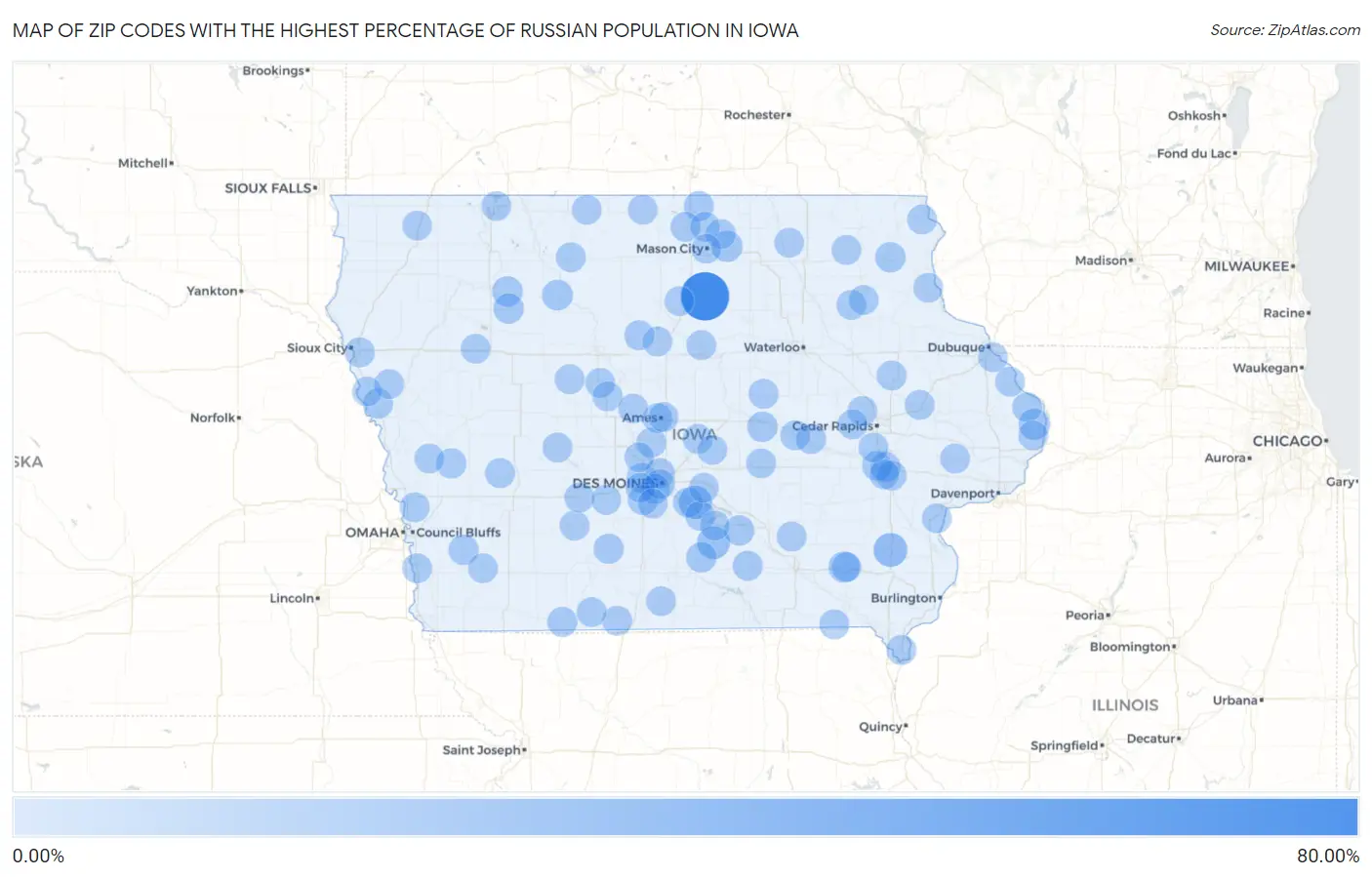 Zip Codes with the Highest Percentage of Russian Population in Iowa Map