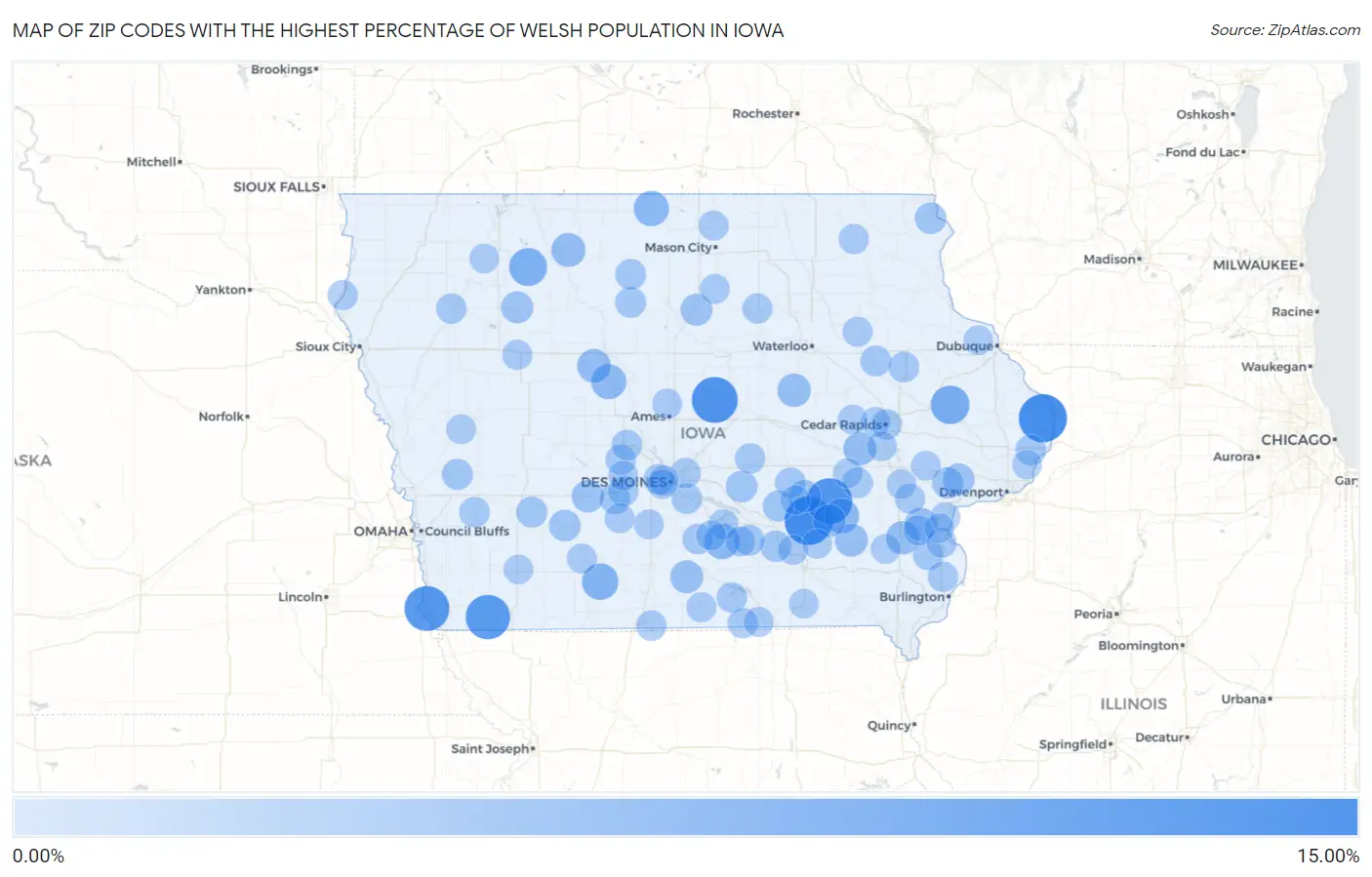 Zip Codes with the Highest Percentage of Welsh Population in Iowa Map