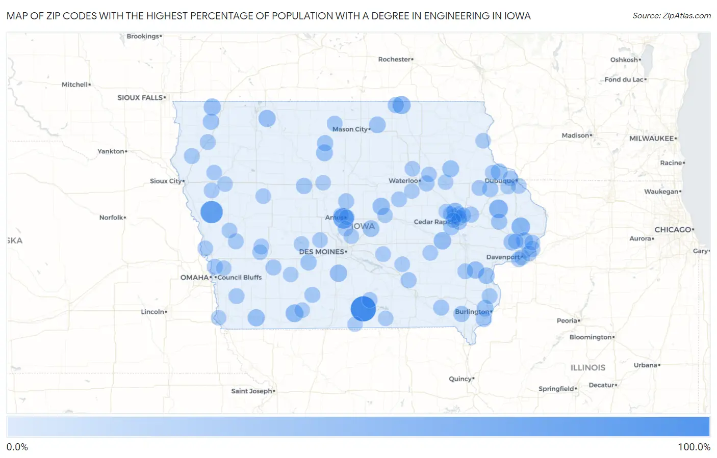 Zip Codes with the Highest Percentage of Population with a Degree in Engineering in Iowa Map