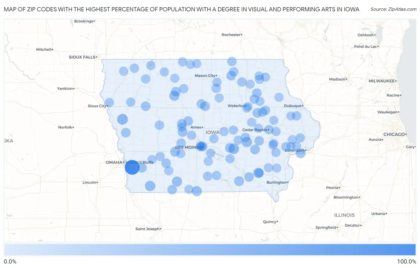 Zip Codes with the Highest Percentage of Population with a Degree in Visual and Performing Arts in Iowa Map