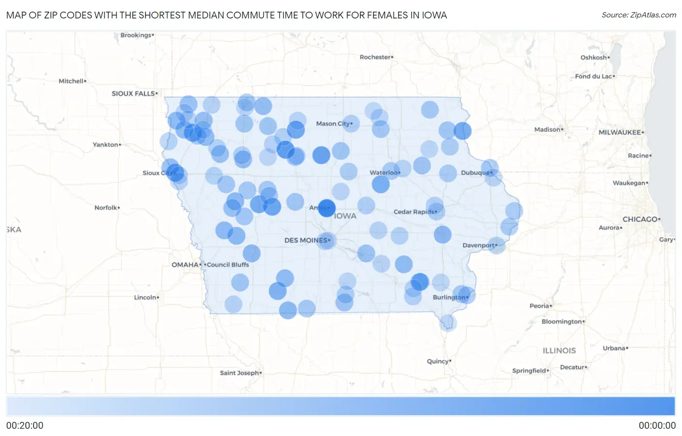 Zip Codes with the Shortest Median Commute Time to Work for Females in Iowa Map