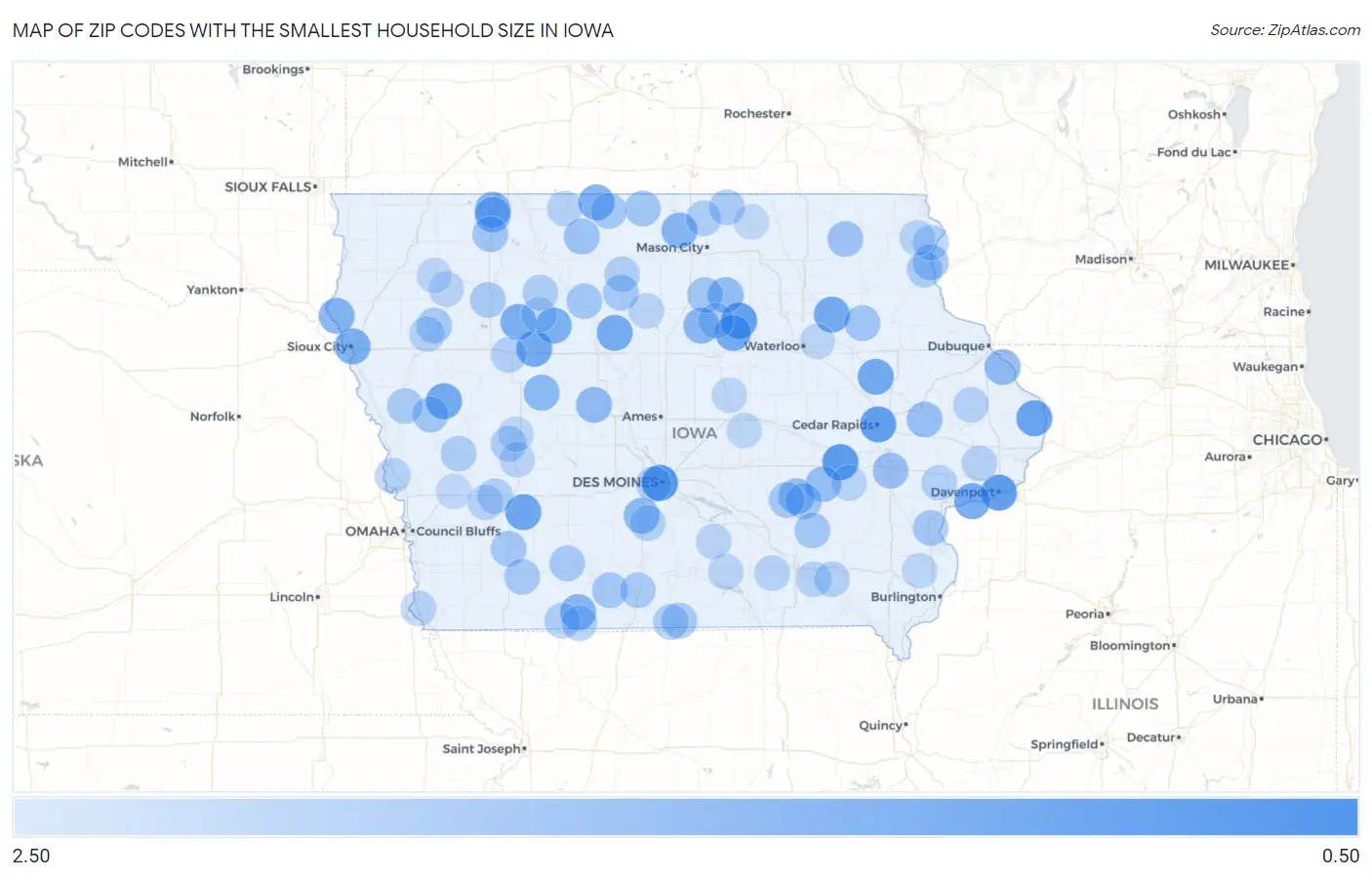 Zip Codes with the Smallest Household Size in Iowa Map
