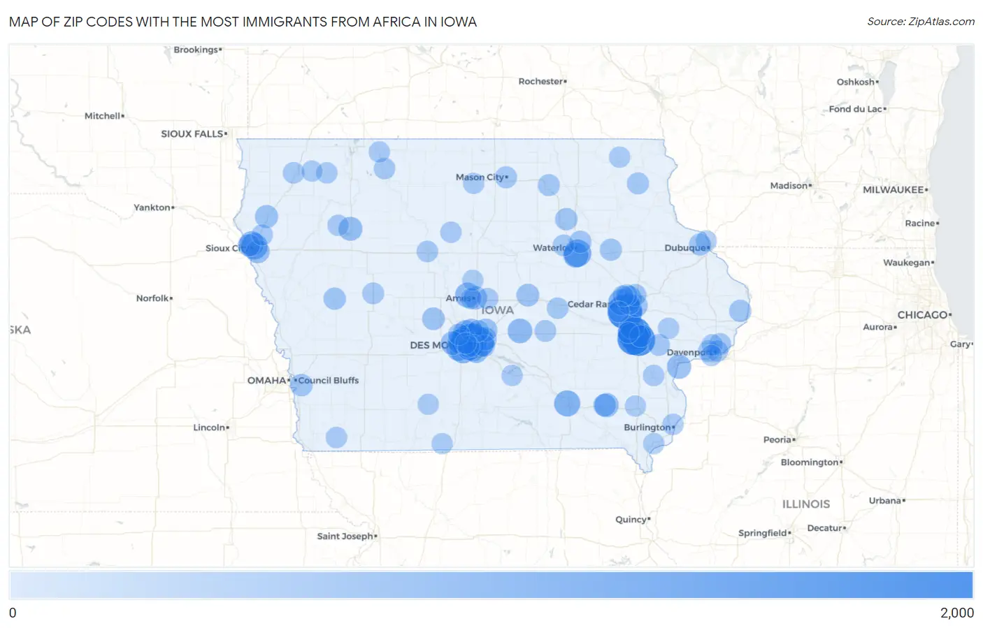 Zip Codes with the Most Immigrants from Africa in Iowa Map