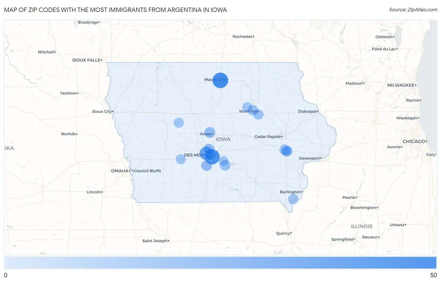 Zip Codes with the Most Immigrants from Argentina in Iowa Map