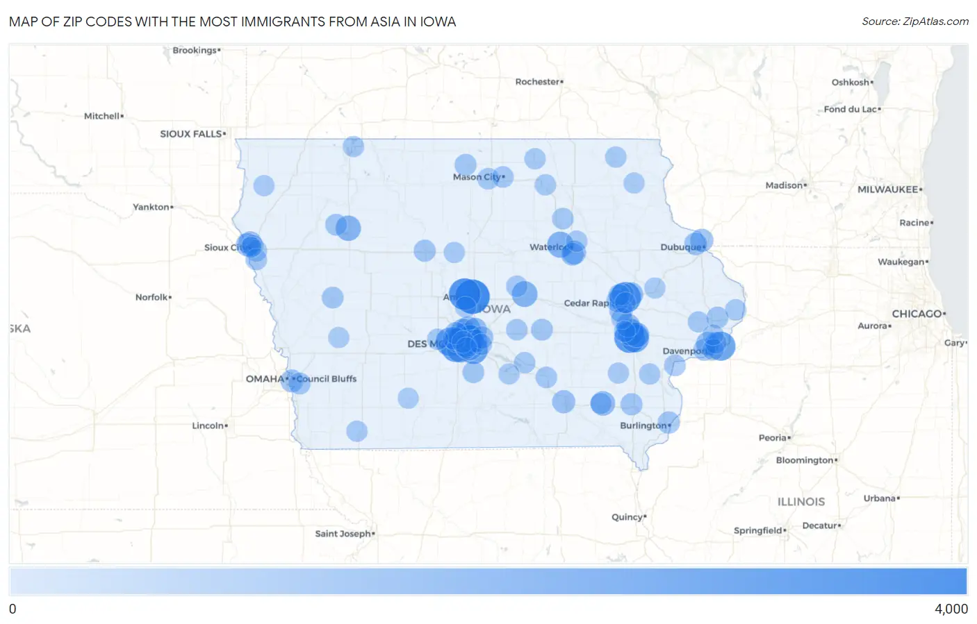 Zip Codes with the Most Immigrants from Asia in Iowa Map