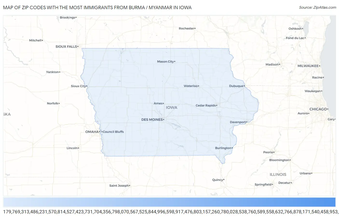 Zip Codes with the Most Immigrants from Burma / Myanmar in Iowa Map