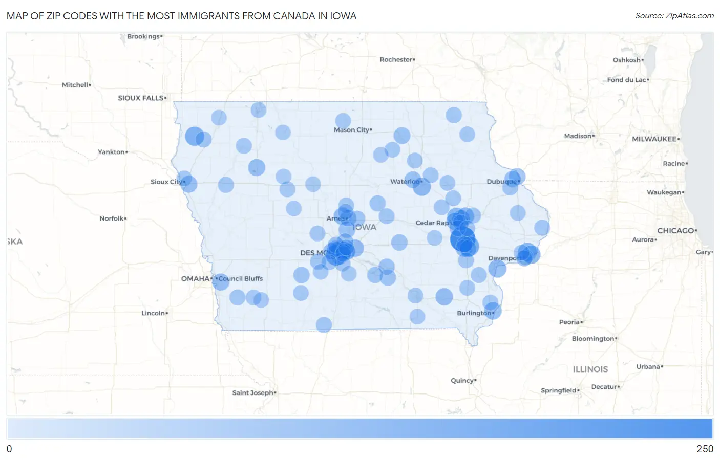Zip Codes with the Most Immigrants from Canada in Iowa Map