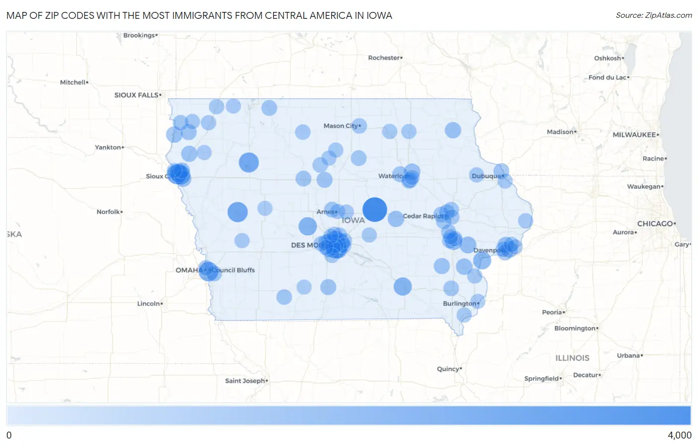 Zip Codes with the Most Immigrants from Central America in Iowa Map
