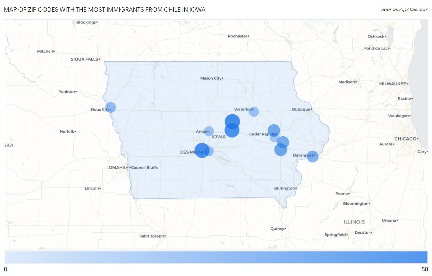 Zip Codes with the Most Immigrants from Chile in Iowa Map