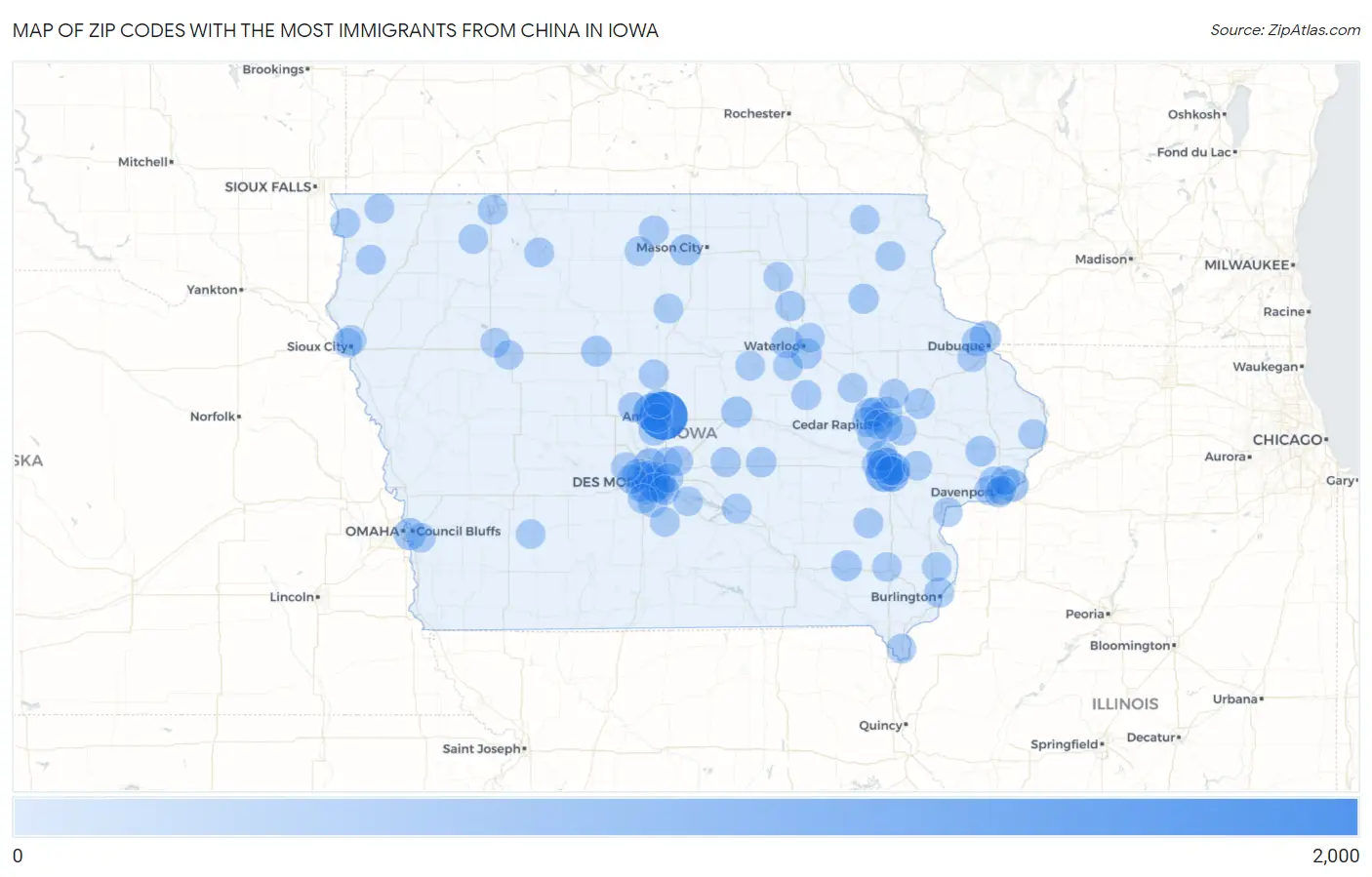 Zip Codes with the Most Immigrants from China in Iowa Map