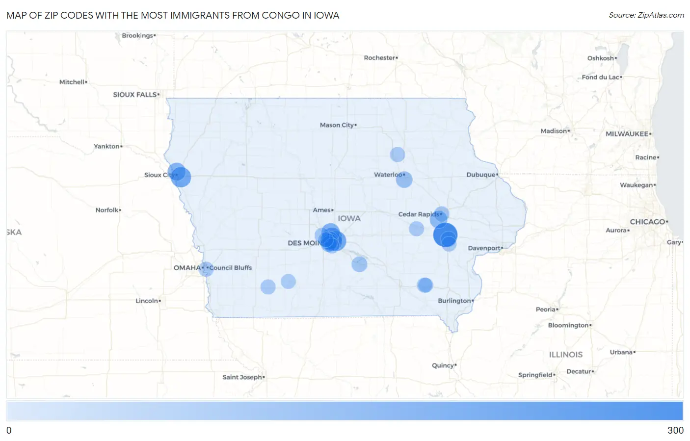 Zip Codes with the Most Immigrants from Congo in Iowa Map