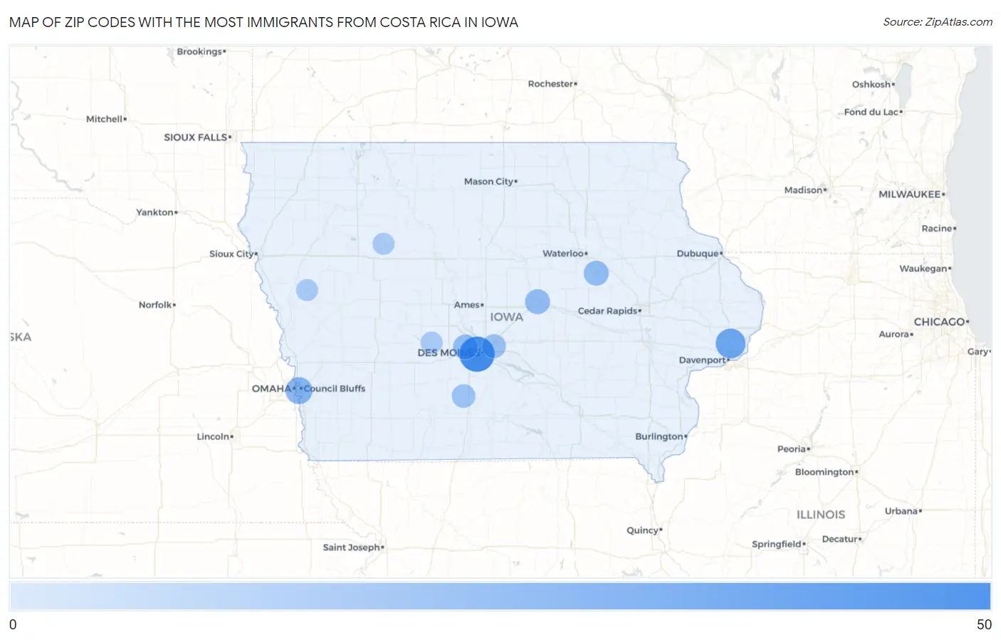 Zip Codes with the Most Immigrants from Costa Rica in Iowa Map