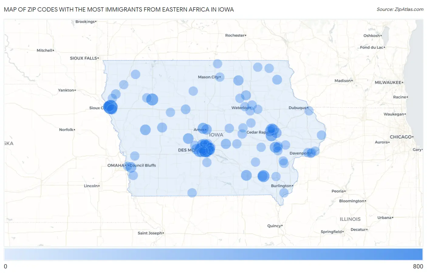 Zip Codes with the Most Immigrants from Eastern Africa in Iowa Map