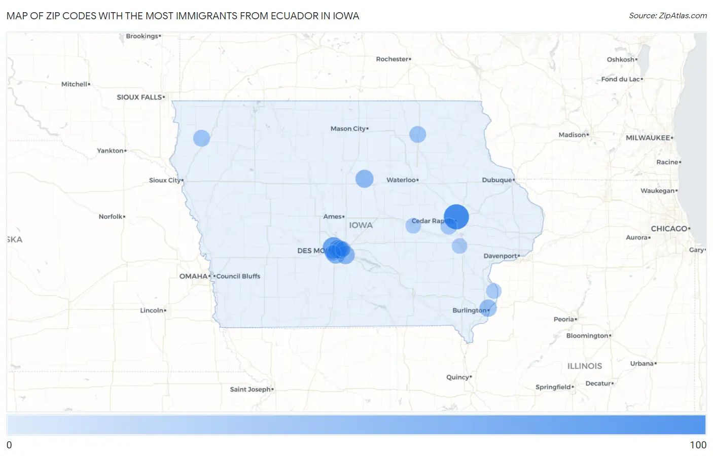 Zip Codes with the Most Immigrants from Ecuador in Iowa Map