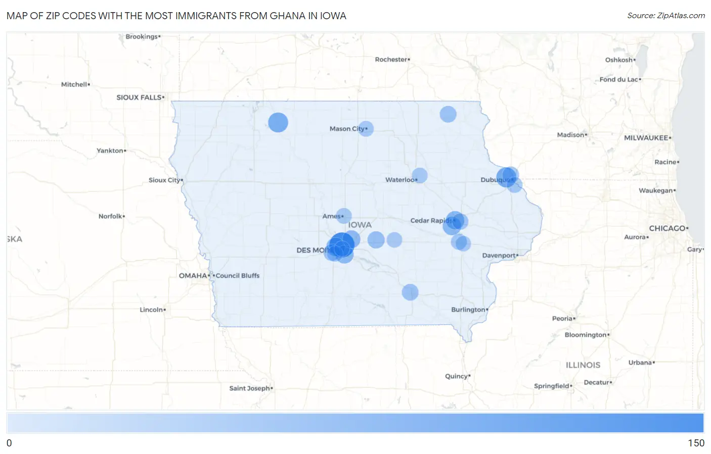 Zip Codes with the Most Immigrants from Ghana in Iowa Map
