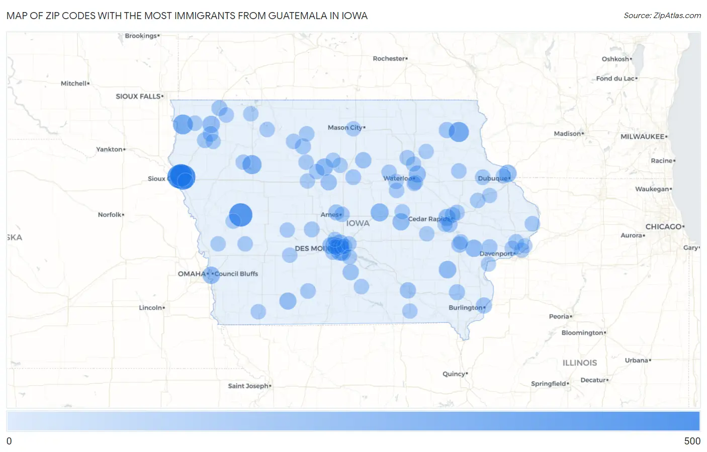 Zip Codes with the Most Immigrants from Guatemala in Iowa Map