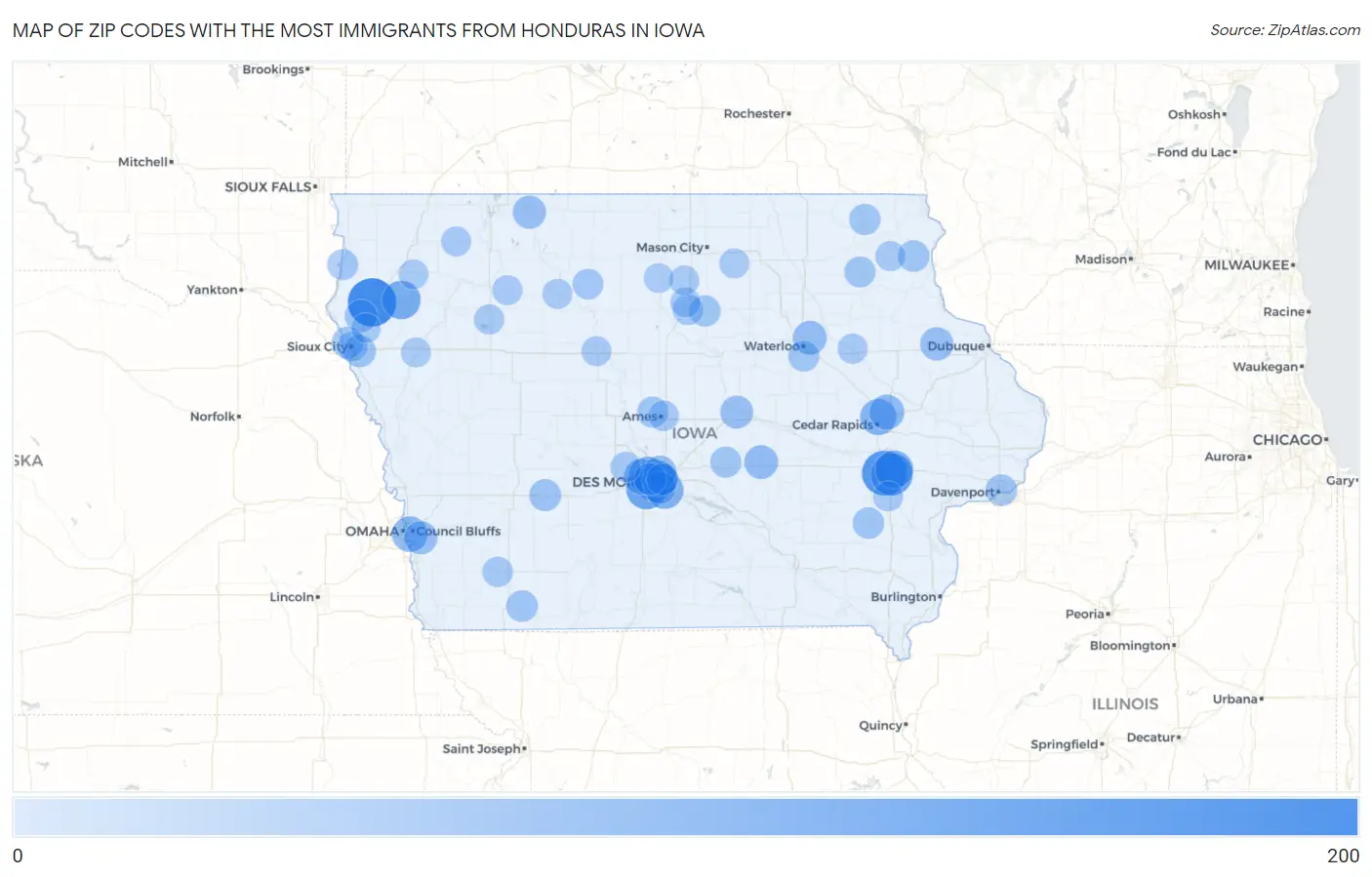 Zip Codes with the Most Immigrants from Honduras in Iowa Map