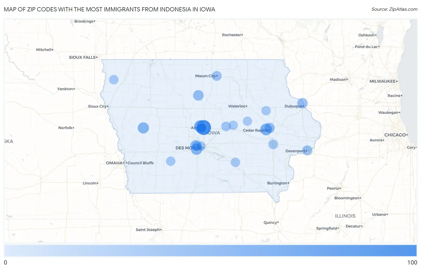 Zip Codes with the Most Immigrants from Indonesia in Iowa Map