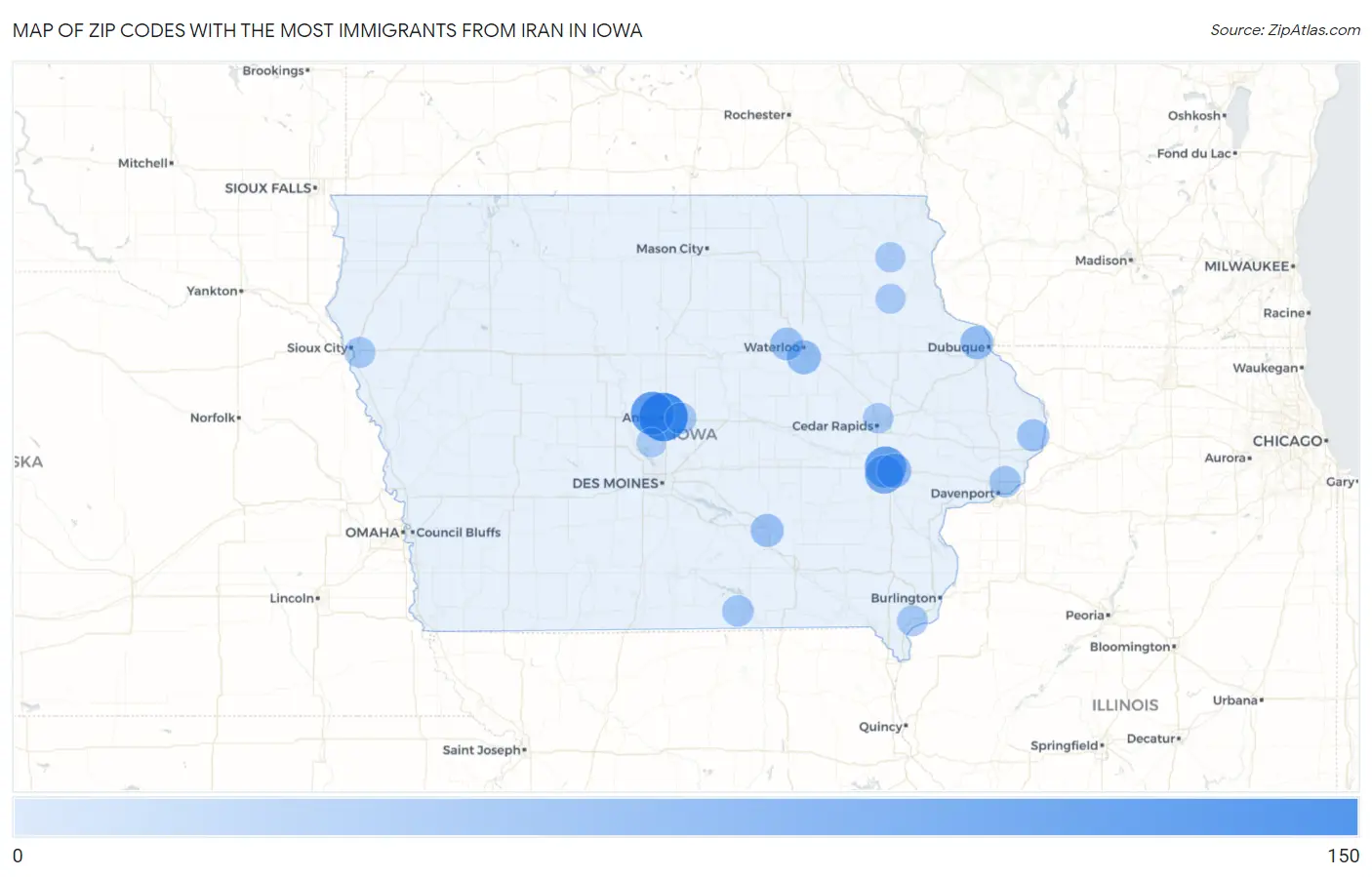 Zip Codes with the Most Immigrants from Iran in Iowa Map