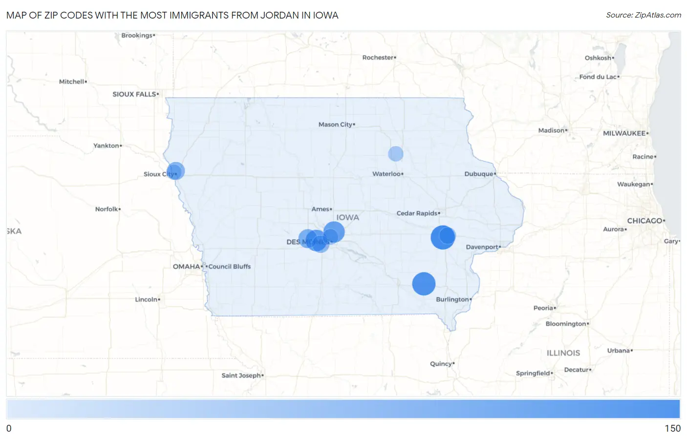 Zip Codes with the Most Immigrants from Jordan in Iowa Map