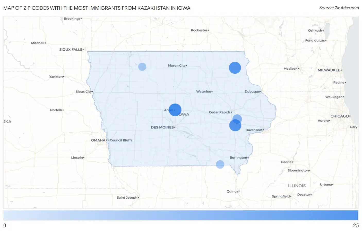 Zip Codes with the Most Immigrants from Kazakhstan in Iowa Map