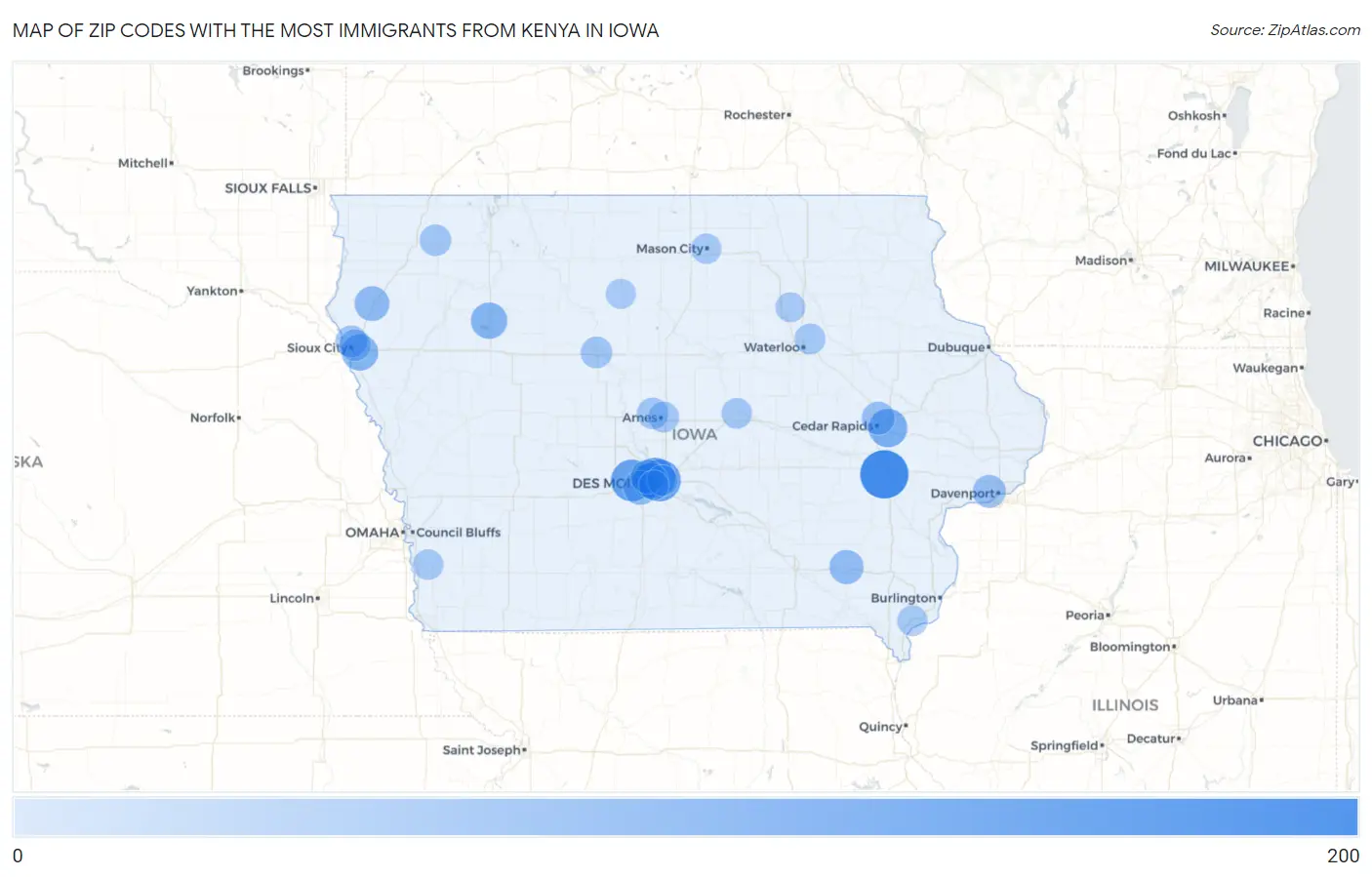 Zip Codes with the Most Immigrants from Kenya in Iowa Map