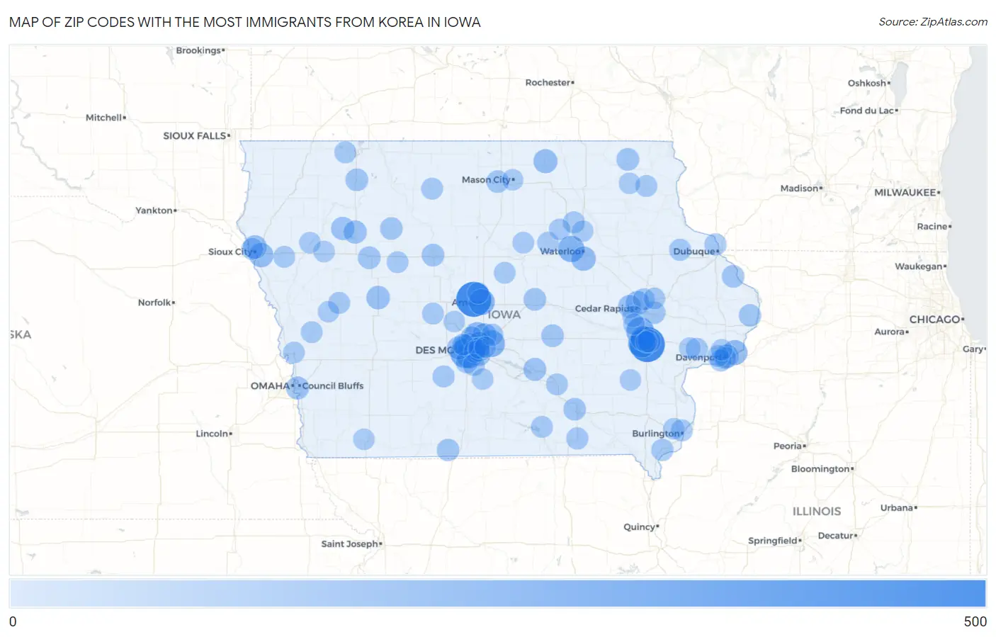 Zip Codes with the Most Immigrants from Korea in Iowa Map