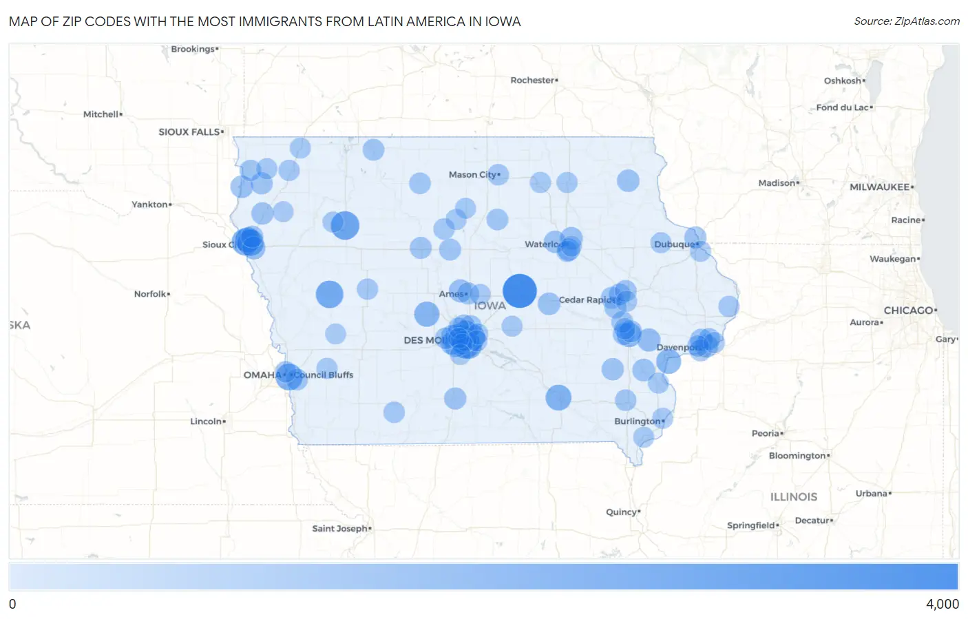 Zip Codes with the Most Immigrants from Latin America in Iowa Map
