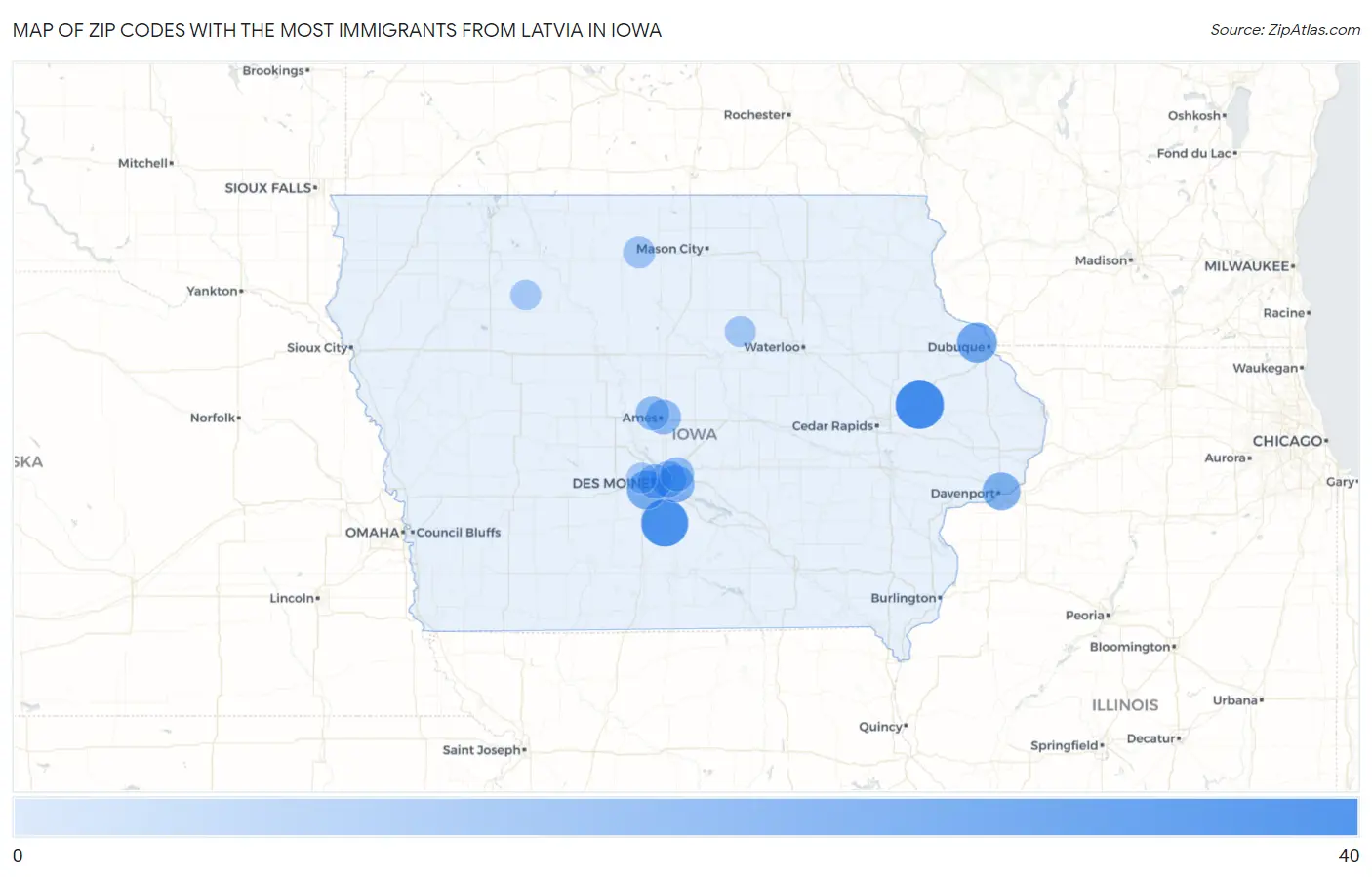 Zip Codes with the Most Immigrants from Latvia in Iowa Map