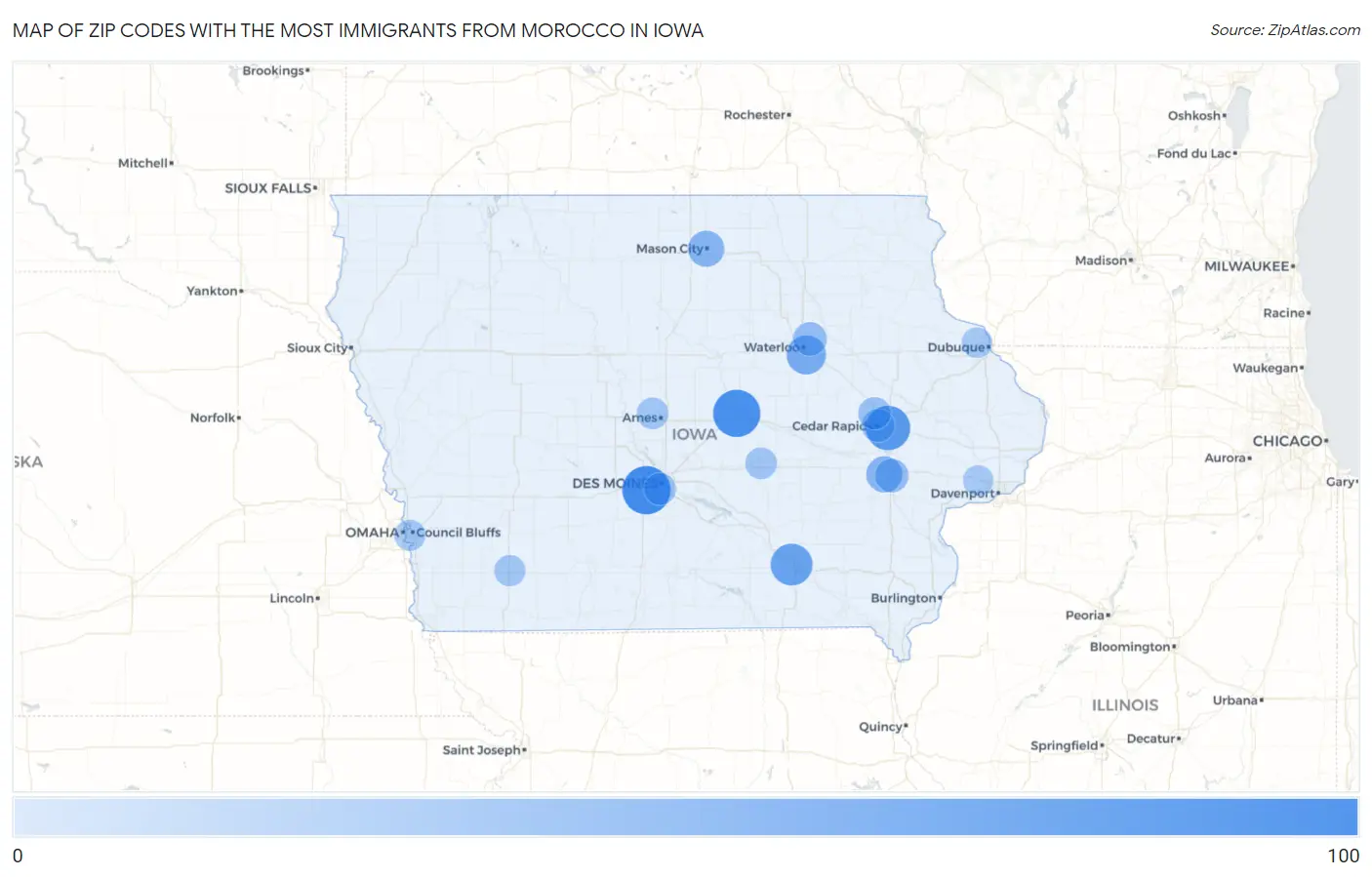 Zip Codes with the Most Immigrants from Morocco in Iowa Map