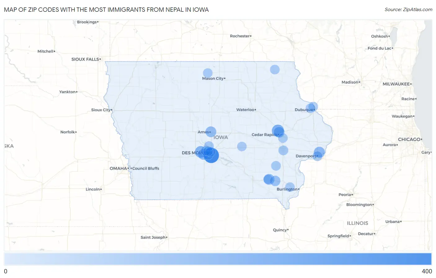 Zip Codes with the Most Immigrants from Nepal in Iowa Map