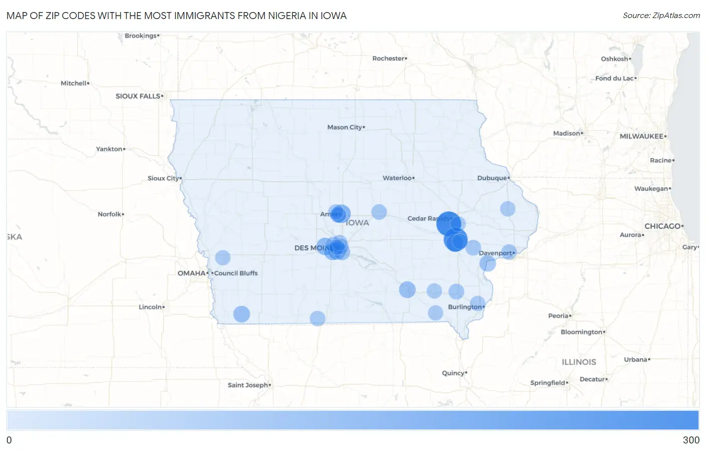 Zip Codes with the Most Immigrants from Nigeria in Iowa Map