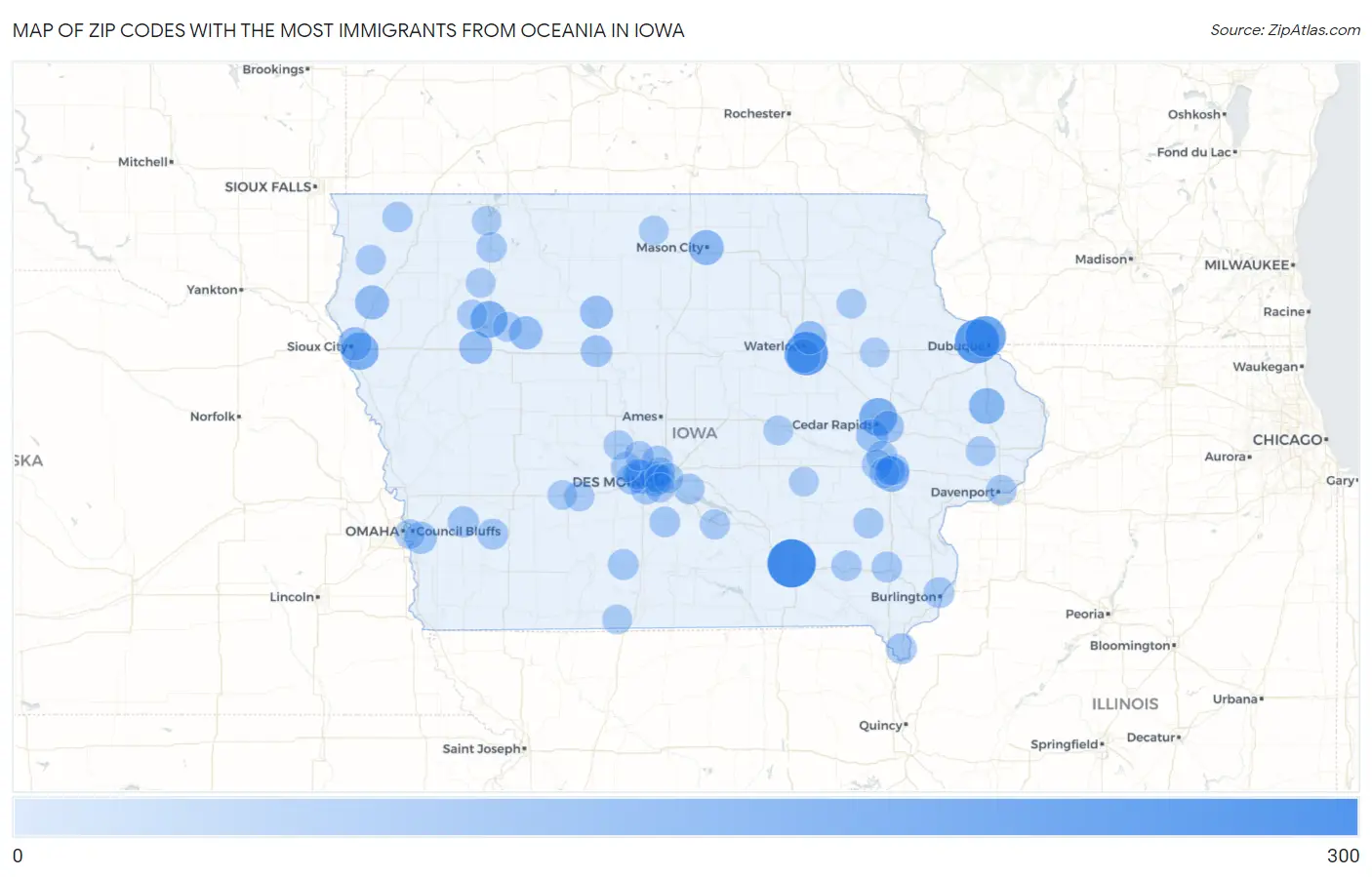 Zip Codes with the Most Immigrants from Oceania in Iowa Map