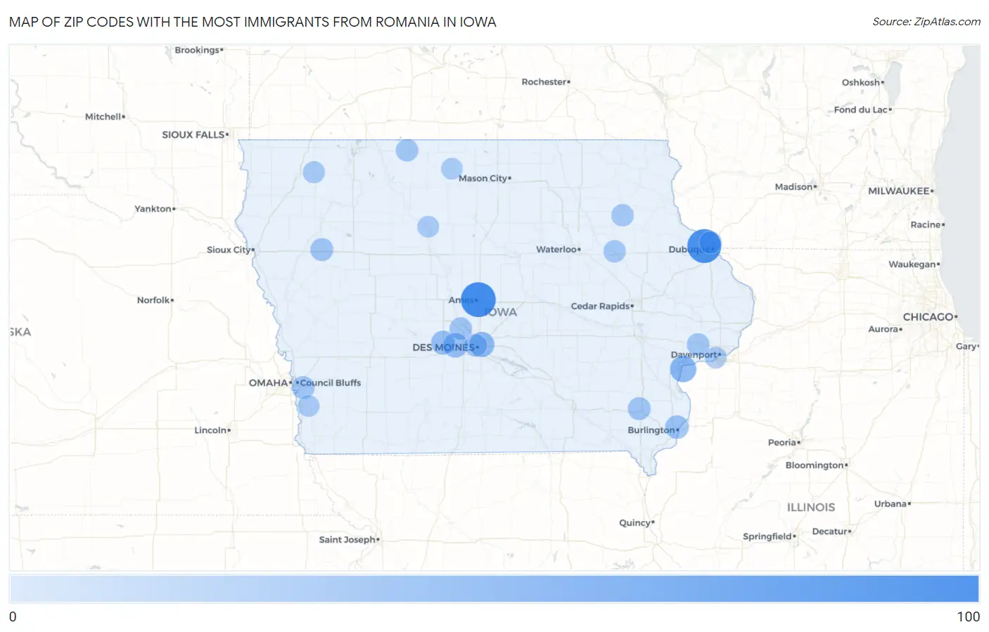Zip Codes with the Most Immigrants from Romania in Iowa Map