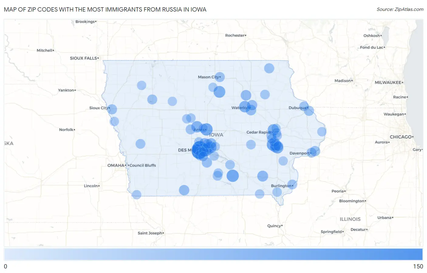 Zip Codes with the Most Immigrants from Russia in Iowa Map