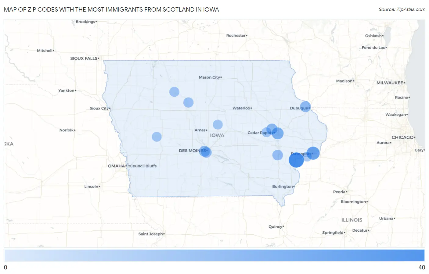 Zip Codes with the Most Immigrants from Scotland in Iowa Map