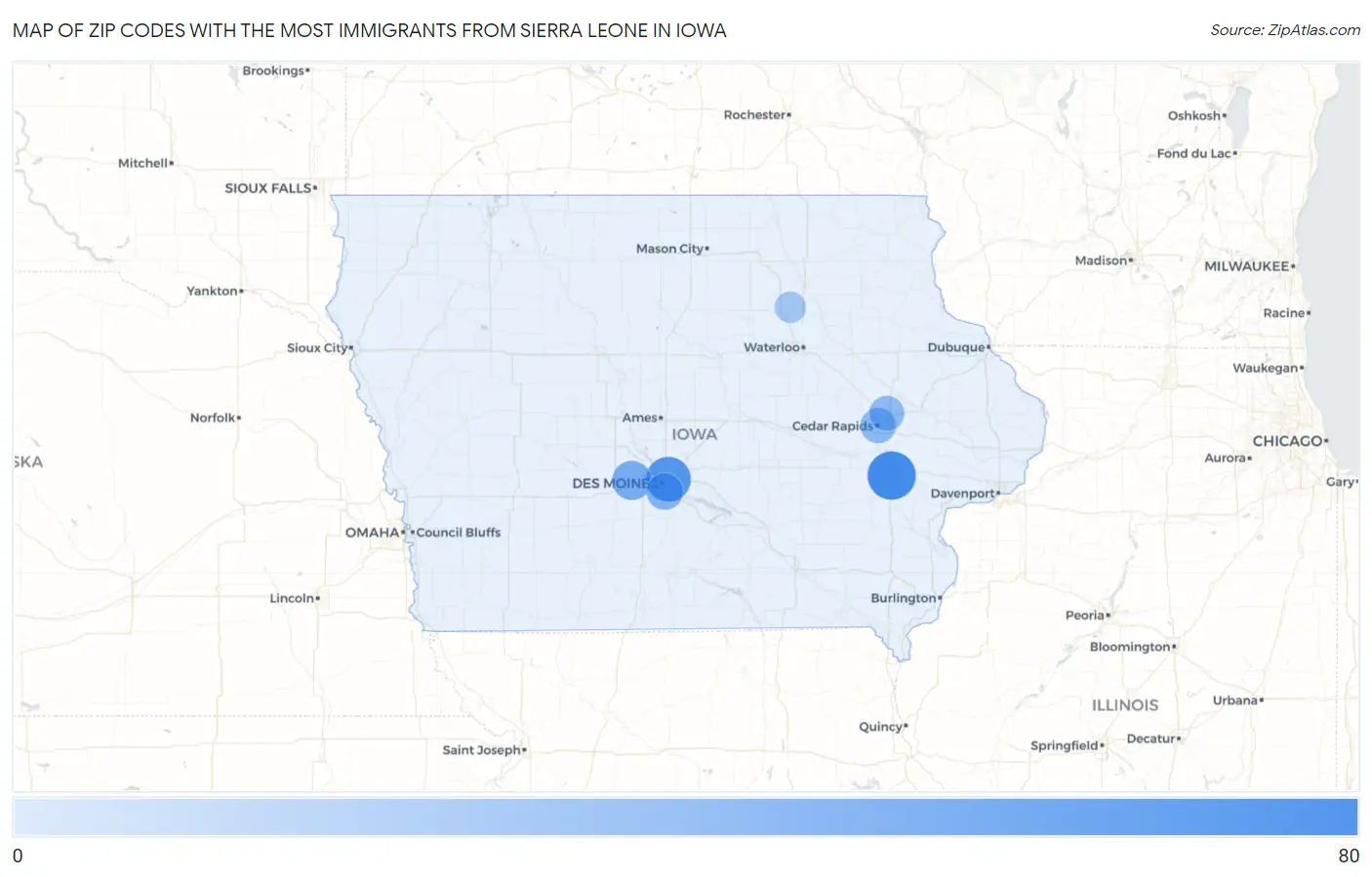 Zip Codes with the Most Immigrants from Sierra Leone in Iowa Map