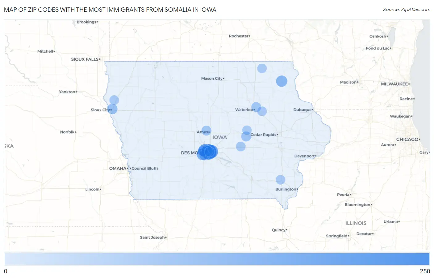 Zip Codes with the Most Immigrants from Somalia in Iowa Map